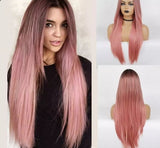 Yeknu Synthetic Long Wavy Dark Root Ombre Pink Cosplay Wigs for Black White Women Colorful Fiber Hair Wigs High Temperature