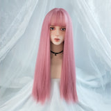 Yeknu Cosplay Wig With Bangs Synthetic Straight Hair 24 Inch Long Heat-Resistant Pink Wig For Women