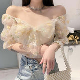 Yeknu French Floral Dress Women Sexy Puff Sleeve Lace Chiffon Print Mini Dress Women Summer Korean Style Vintage Fairy Dress New