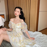 Yeknu French Floral Dress Women Sexy Puff Sleeve Lace Chiffon Print Mini Dress Women Summer Korean Style Vintage Fairy Dress New