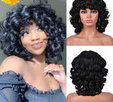 Yeknu Short Hair Afro Curly Wig With Bangs Loose Synthetic Cosplay Fluffy Shoulder Length Natural Wigs For Black Women Dark Brown 14"