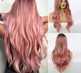 Yeknu Synthetic Long Wavy Dark Root Ombre Pink Cosplay Wigs for Black White Women Colorful Fiber Hair Wigs High Temperature