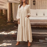 Yeknu Bohemian Shirt Dress Women's Maxi Sundress ZANZEA Spring Elegant Casual V Neck Ruflle Vestido Female Long Sleeve Tunic Robe