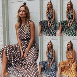 Yeknu Summer Sexy O Neck Sleeveless Boho Polka Dot Print Maxi Dress Casual Empire Robe Ladies Party Long Dress Vestidos