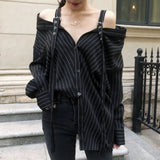 Yeknu New Fashion Personality Black Strap Vertical Stripe Off-shoulder Long Sleeve Shirt Female's Blouse Vestido YE22801