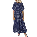 Yeknu Women Sundress Vintage O-Neck Long Maxi Dress Female Casual Dot Pinted Summer Dress Beach Boho Dresses Vestidos Robe