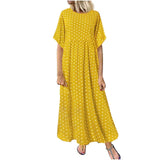 Yeknu Women Sundress Vintage O-Neck Long Maxi Dress Female Casual Dot Pinted Summer Dress Beach Boho Dresses Vestidos Robe