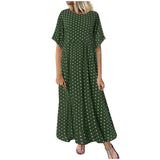 Yeknu Women Sundress Vintage O-Neck Long Maxi Dress Female Casual Dot Pinted Summer Dress Beach Boho Dresses Vestidos Robe