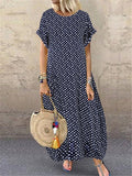 Yeknu Women Sundress Vintage O-Neck Long Maxi Dress Female Casual Dot Pinted Summer Dress Beach Boho Dresses Vestidos Robe