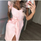 Yeknu Women White Dress Lace Up Sexy Midi Vestidos Ruffles Sleeveless Bodycon Female Dresses Buttons Belt Elegant Ladies Clothes