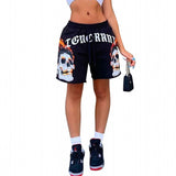 Yeknu Drawstring Shorts Women Mid Waist Loose Casual Black Sweatpants Summer Fashion Skull Print Street Punk Style Hip Hop Short Pants