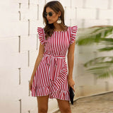 Yeknu Summer Women Ruffled Dress Bohemian Ethnic Dress O-neck Belt Slim Dress Elegant Striped Dress Female Irregular Hem Dress