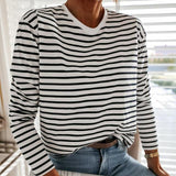 Yeknu Women Fashion Black And White Striped Blouse Shirt Casual Long Sleeve O-neck Soft Korean Shirt Ladies Women T-Shirt Spring