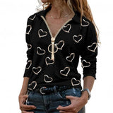 Yeknu Autumn Spring Women Heart Print Blouses Casual Zipper V Neck Shirt Cotton Long Sleeve Top Elegant Ladies Shirt Streetwear