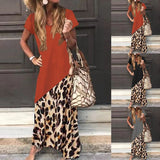 Yeknu Women's Summer Loose Long Dress  Casual Short Sleeve Leopard Printed Maxi Dress Plus Size