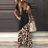 Yeknu Women's Summer Loose Long Dress  Casual Short Sleeve Leopard Printed Maxi Dress Plus Size