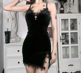 Yeknu Gothic Dark Cross Black Mini Dress Vintage Sexy Spaghetti Strap High Waist Slit Dresses Goth Party Club Women Dress
