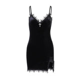 Yeknu Gothic Dark Cross Black Mini Dress Vintage Sexy Spaghetti Strap High Waist Slit Dresses Goth Party Club Women Dress