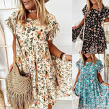 Yeknu Summer Floral Print Dress Women Causal Ruffles Short Sleeve Dresses Bohemian O Neck A-Line Loose Female Mini Dress Vestidos