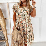 Yeknu Summer Floral Print Dress Women Causal Ruffles Short Sleeve Dresses Bohemian O Neck A-Line Loose Female Mini Dress Vestidos