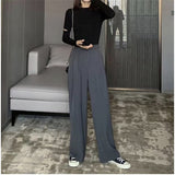 Yeknu Retro Solid Color Wild Straight Wide Leg Pants Female Spring New Korean Fashion High Waist Casual Long Pants