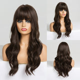 Yeknu Long Dark Brown Women&#39;s Wigs with Bangs Water Wave Heat Resistant Synthetic Wigs for Women African American Hair Wig