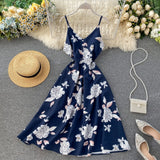 Yeknu Boho V Neck Floral Print Slim Sexy Spaghetti Strap Midi Long Summer Casual Party Women A-Line Beach Holiday Dress