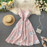 Yeknu Boho V Neck Floral Print Slim Sexy Spaghetti Strap Midi Long Summer Casual Party Women A-Line Beach Holiday Dress