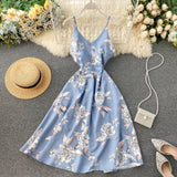 Yeknu Boho V Neck Floral Print Slim Sexy Spaghetti Strap Midi Long Summer Casual Party Women A-Line Beach Holiday Dress