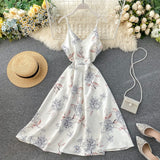 Yeknu Boho V Neck Floral Print Slim Sexy Spaghetti Strap Midi Long Summer Casual Party Women A-Line Beach Holiday Dress