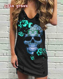 Yeknu Skull Print Women Sleeveless Shirt Dress Summer Gothic Style Ladies Casual V Neck Loose Short Mini Dresses Tank