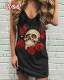 Yeknu Skull Print Women Sleeveless Shirt Dress Summer Gothic Style Ladies Casual V Neck Loose Short Mini Dresses Tank