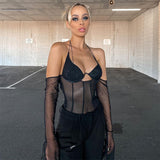 Yeknu sexy low cut mesh top women Halter Summer club party black see-through Tops Transparent long sleeve Tee shirt female