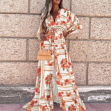 Yeknu Women Gorgeous Print Hem Maxi Dress Summer Boho Deep V Button Party Dresses Elegant Slit Elastic Waist Beach Long Dress XXL