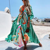 Yeknu Women Gorgeous Print Hem Maxi Dress Summer Boho Deep V Button Party Dresses Elegant Slit Elastic Waist Beach Long Dress XXL