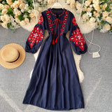 Yeknu Women Autumn Dresses Bohemian Embroidered Flower O-Neck Lantern Sleeve High Waist Pleated Dress All-match Female Vestidos GK393