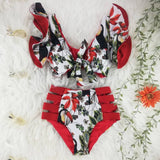 Yeknu Two-Pieces Women Floral Push-Up Padded Bra Ruffles Bandage Bikini Set Swimsuit Swimwear Bathing Suit Beachwear Biquini