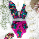 Yeknu Two-Pieces Women Floral Push-Up Padded Bra Ruffles Bandage Bikini Set Swimsuit Swimwear Bathing Suit Beachwear Biquini