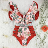 Yeknu Two-Pieces Women Floral Push-Up Padded Bra Ruffles Bandage Bikini Set Swimsuit Swimwear Bathing Suit Beachwear Biquini