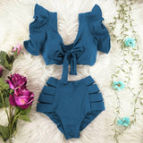 Yeknu Two-Pieces Women Floral Push-Up Padded Bra Ruffles Bandage Bikini Set Swimsuit Swimwear Bathing Suit Beachwear Biquini