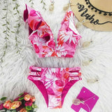 Yeknu Two-Pieces Women Floral Push-Up Padded Bra Ruffles Bandage Bikini Set Swimsuit Swimwear Bathing Suit Beachwear Biquini