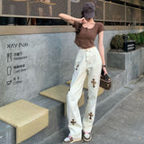 Yeknu Streetwear Korean Fashion Cross Applique Jeans Woman High Waist Y2k Straight Baggy Pants Versatile Casual Grey Denim Trousers