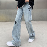 Yeknu Streetwear Korean Fashion Cross Applique Jeans Woman High Waist Y2k Straight Baggy Pants Versatile Casual Grey Denim Trousers