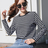 Yeknu Women&#39;s Spring Long Sleeve T Shirt O-Neck Striped 95% Cotton Tops Casual T-Shirts Women Tees Blusa