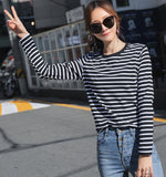 Yeknu Women&#39;s Spring Long Sleeve T Shirt O-Neck Striped 95% Cotton Tops Casual T-Shirts Women Tees Blusa