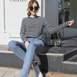 Yeknu Women&#39;s Spring Long Sleeve T Shirt O-Neck Striped 95% Cotton Tops Casual T-Shirts Women Tees Blusa