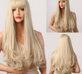 Yeknu Long Natural Wavy Platinum Blonde Wigs with Bangs Cosplay Party Lolita Synthetic Wigs for Women Heat Resistant Fiber