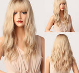 Yeknu Long Natural Wavy Platinum Blonde Wigs with Bangs Cosplay Party Lolita Synthetic Wigs for Women Heat Resistant Fiber