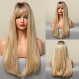 Yeknu Long Natural Wavy Platinum Blonde Wigs with Bangs Cosplay Party Lolita Synthetic Wigs for Women Heat Resistant Fiber