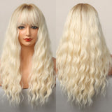 Yeknu Long Natural Wavy Platinum Blonde Wigs with Bangs Cosplay Party Lolita Synthetic Wigs for Women Heat Resistant Fiber